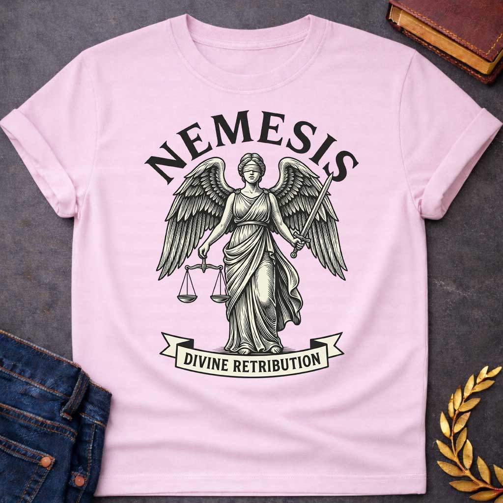 Light Pink T-shirt with a Classical engraving-style illustration of Nemesis, the Greek goddess of divine retribution, depicted as a winged female figure in flowing robes. She holds balanced scales of justice in one hand and a sword in the other, symbolizing fair judgment and punishment. Her eyes are blindfolded. Bold text 'NEMESIS' curves above her head, with 'DIVINE RETRIBUTION' on a banner below. Black and cream line art style. References the goddess who ensures justice and punishes hubris.
