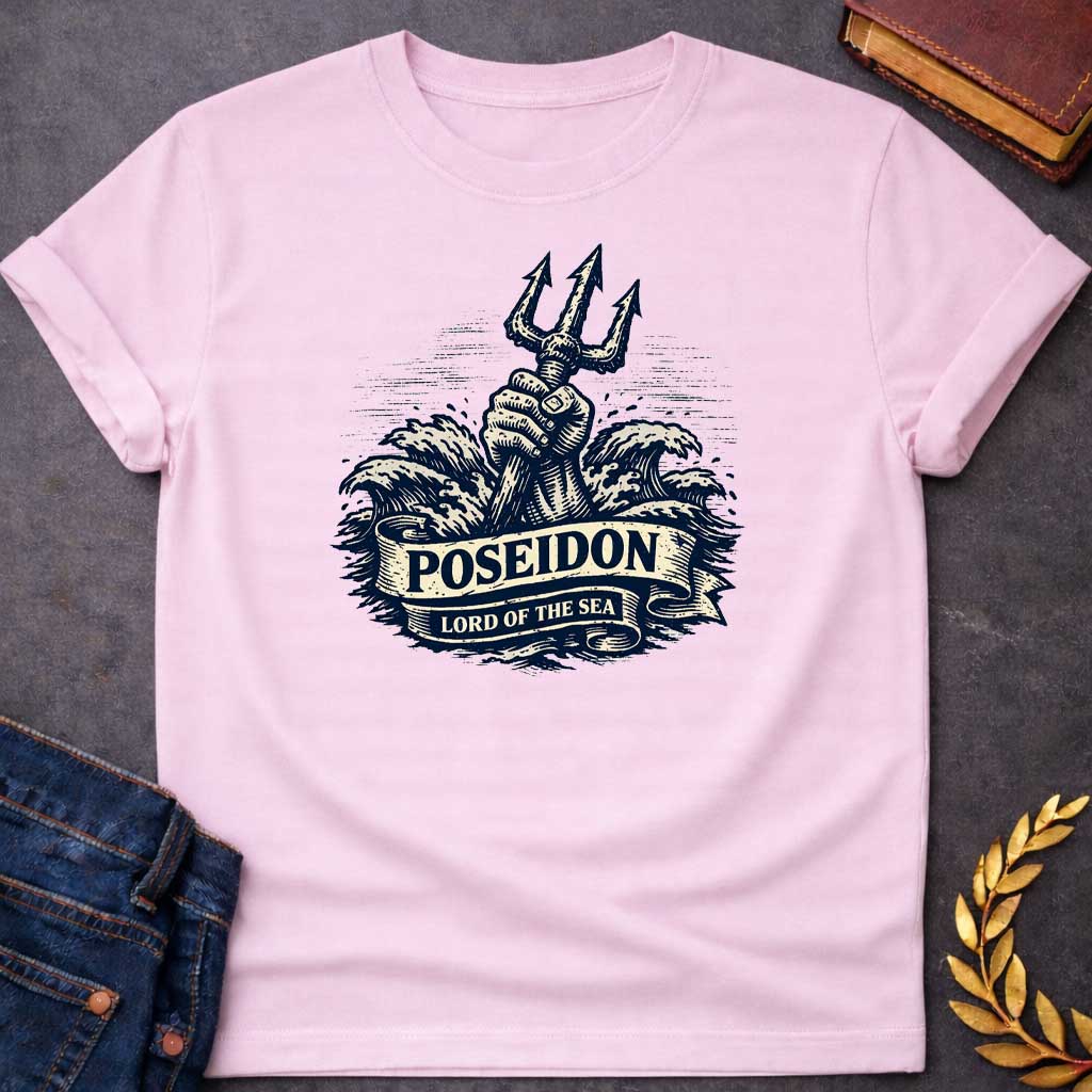 Light Pink T-shirt graphic in a vintage nautical woodcut style featuring a powerful fist rising from crashing ocean waves while gripping a trident upright, with a scroll banner across the middle reading "Poseidon" above and "Lord of the Sea" below, referencing Poseidon, the Greek God of the Sea