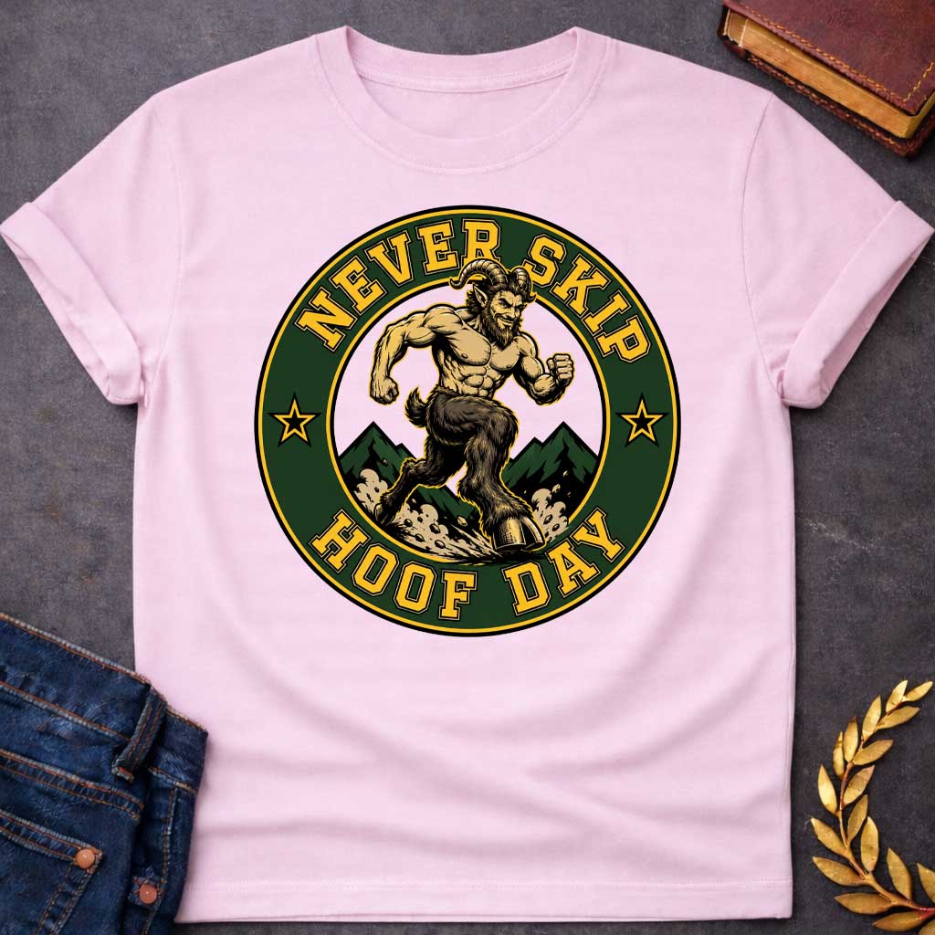 Light Pink T-shirt with a Gym badge-style emblem featuring a muscular satyr celebrating 'Never Skip Hoof Day.' A bearded, horned figure with extremely defined musculature stands on goat legs in a dynamic running pose. Dark green mountains frame the background. Text reads 'Never Skip Hoof Day' in gold lettering around a forest green circle with gold borders and star accents. Humorous wordplay blends Greek mythology satyr imagery with modern fitness culture and leg day humor.