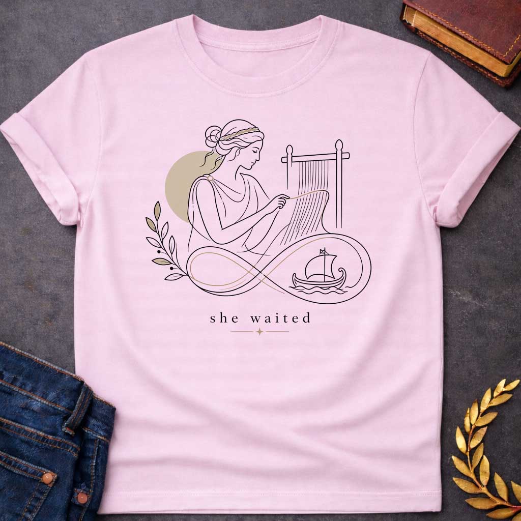 Light Pink T-Shirt with a Minimalist line art of Penelope weaving at a loom, wearing classical Greek robes with braided hair. Rendered in elegant black linework with tan accents. An infinity symbol flows from the loom, incorporating an olive branch and Greek ship, symbolizing endless waiting for Odysseus. Text reads 'she waited' in serif font with decorative star. Gentle design honoring Penelope's faithful devotion and patience during her husband's 20-year absence.
