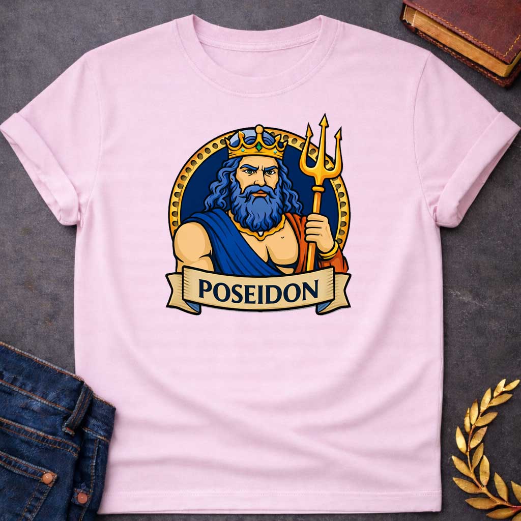 Light Pink T-shirt graphic featuring a vibrant illustrated portrait of Poseidon, the Greek God of the Sea, as a powerful muscular man with long wavy blue hair and a full blue beard, wearing a gold jeweled crown and a blue and red draped robe with a gold necklace, gripping a large golden trident. He is framed within a gold circular border against a navy background, with a scroll banner below reading "Poseidon," in a bold tattoo-inspired style with navy, gold, and blue tones