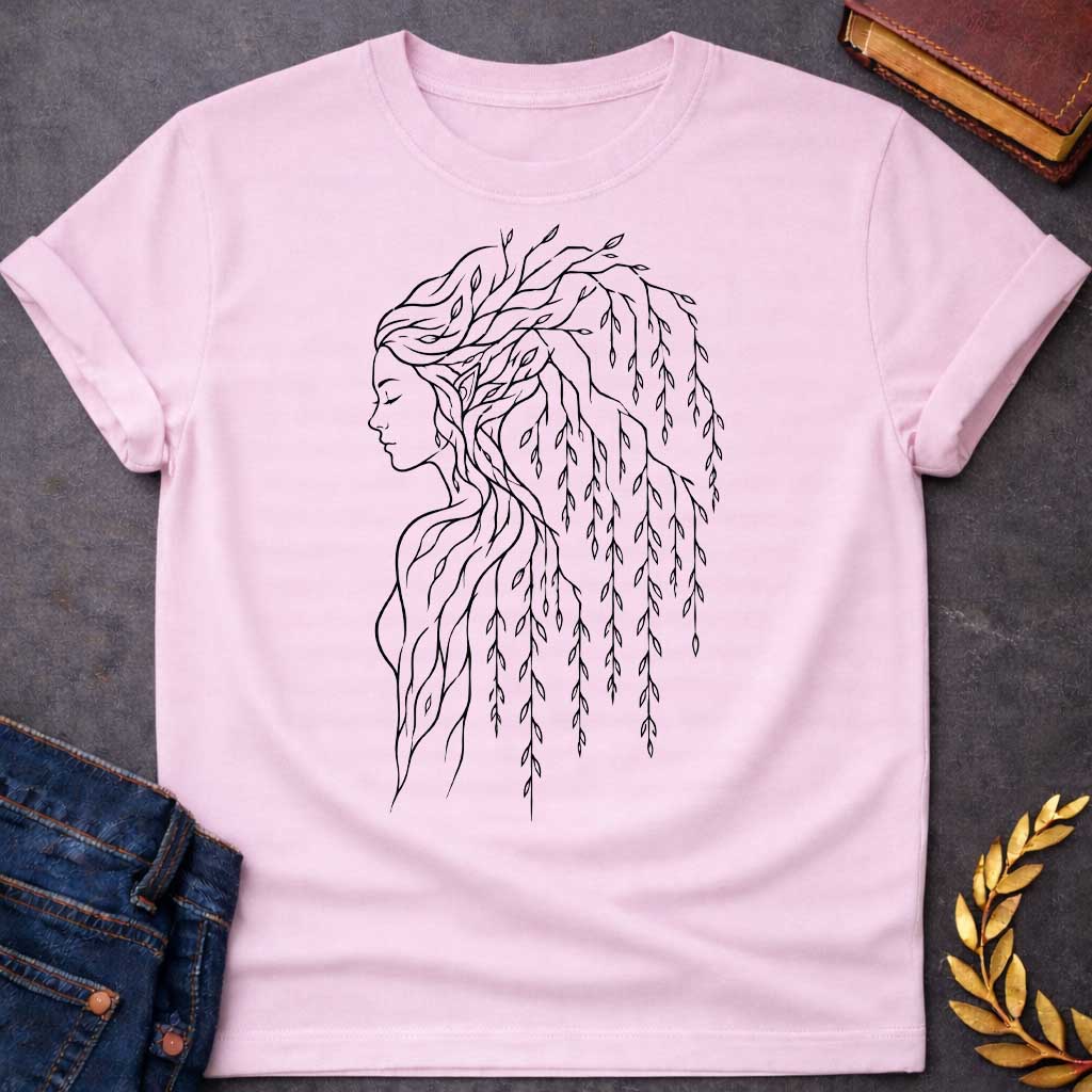 Light Pink T-shirt with a Minimalist line art portrait of a dryad, a tree nymph from Greek mythology. A woman's profile in delicate black lines has hair composed entirely of weeping willow branches and drooping leaves cascading down her back. Individual leaves are intricately detailed, flowing gracefully like water. Simple contour drawing style emphasizes the spiritual connection between human and nature. Celebrates the mythological guardians of forests and their ethereal beauty
