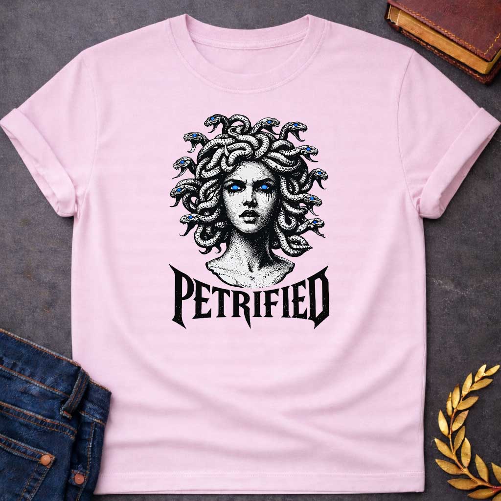 medusa petrified greek mythology youth shirt featuring detailed Greek mythology artwork, symbolic design, and bold graphic style