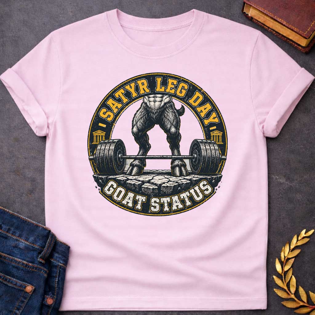 Light Pink T-shirt with a Humorous fitness badge depicting a satyr's leg day workout. Viewed from the waist down, a heavily muscled satyr with dark hairy goat legs stands in a deadlifting stance, holding a loaded barbell with massive weight plates on a rough stone platform. Gold and black circular emblem features text reading 'Satyr Leg Day' and 'Goat Status' with Greek temple columns on sides. Distressed vintage aesthetic celebrates satyr strength and workout dedication.