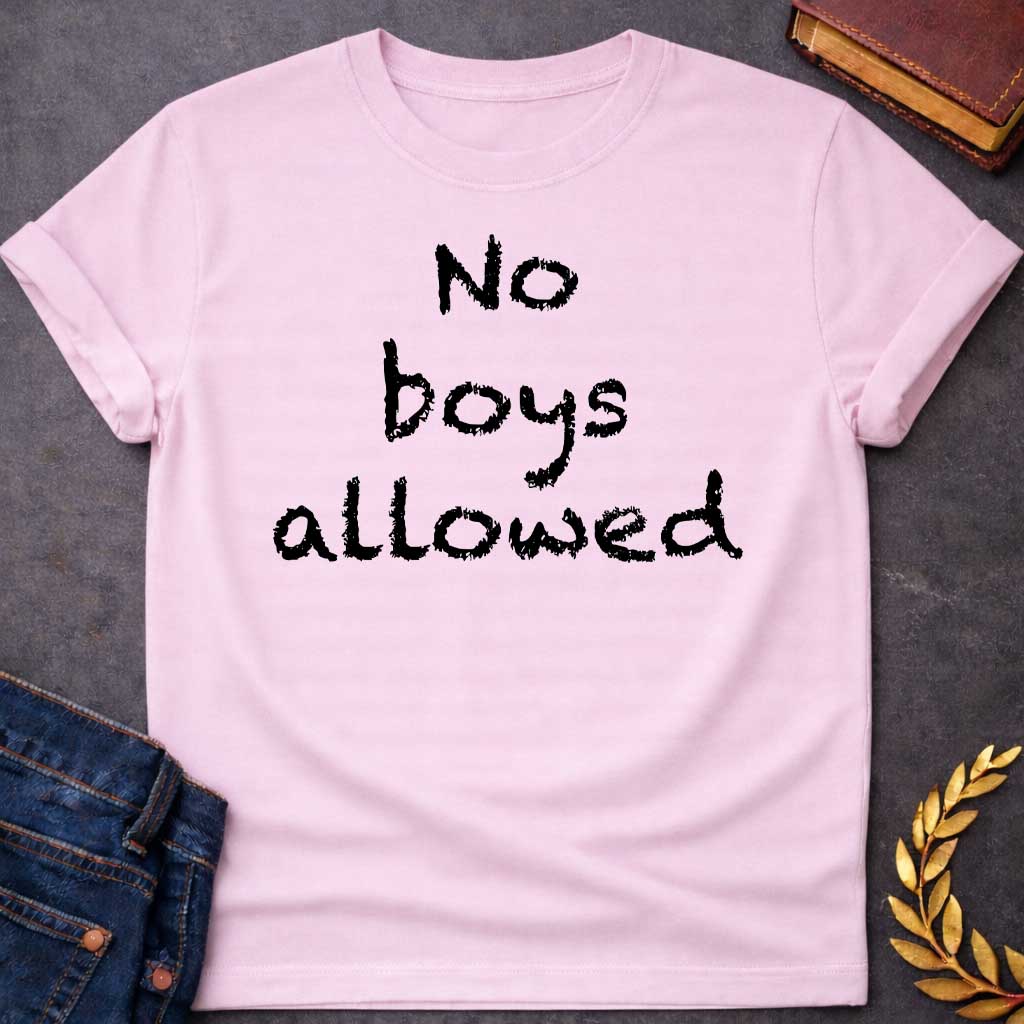 Light Pink T-shirt graphic in black text featuring rough hand-carved or bark-textured text reading "No boys allowed" a humorous nod to Artemis, the Greek Goddess of the Hunt and sworn virgin goddess who famously rejected male company