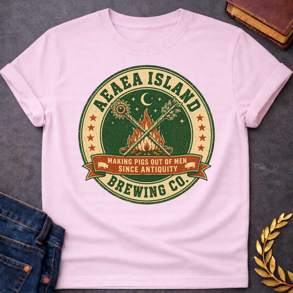 Light Pink T-shirt with a Humorous brewery emblem of Aeaea Island Brewing Co. in green and cream vintage style. A roaring campfire with crossed torches dominates the center beneath a sun, moon, and stars. Brown banner reads 'Making Pigs Out of Men Since Antiquity' flanked by small pig silhouettes. Red stars border the circular design. Distressed texture adds authentic craft brewery aesthetic. Celebrates Circe's mythological powers of transformation and enchantment with modern craft beer culture.
