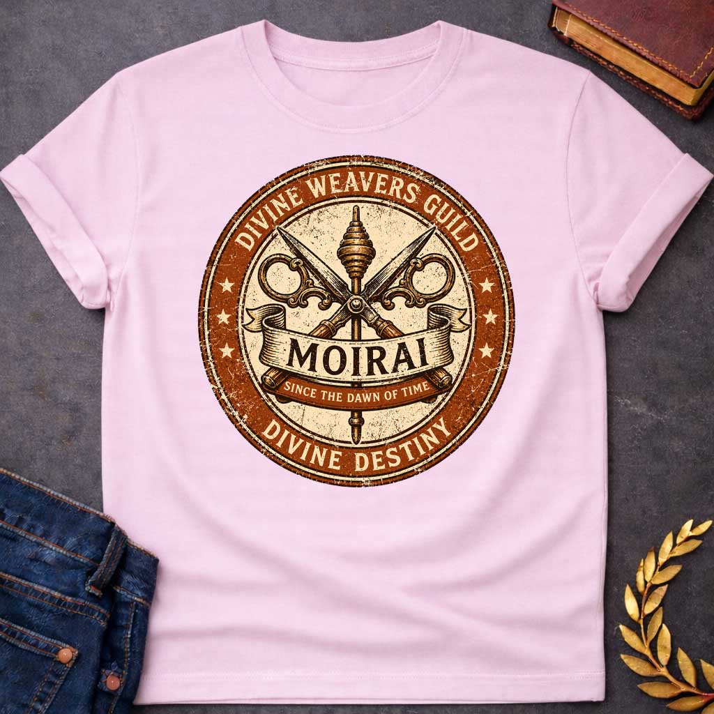 Light Pink T-shirt graphic featuring a distressed vintage trade guild seal design in burnt orange, cream, and dark brown. A central spindle crossed with ornate decorative scissors forms the badge's main emblem, with a scroll banner reading "Moirai" and a smaller ribbon below reading "Since the Dawn of Time." The outer ring reads "Divine Weavers Guild" arched above and "Divine Destiny" arched below, with small stars evenly spaced around the border, rendered in a weathered aged stamp style,