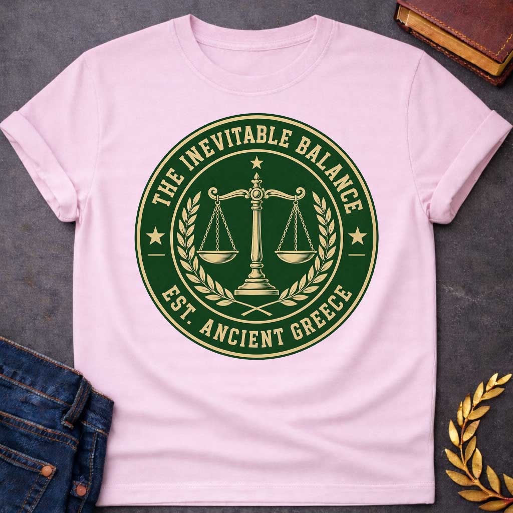 Light PInk T-shirt with a Circular seal design in forest green and cream featuring balanced scales of justice at center, with a torch flame above. Olive wreaths frame the scales on either side. Stars appear at cardinal points. Text reads 'THE INEVITABLE BALANCE' around top arc and 'EST. ANCIENT GREECE' along the bottom. Classic emblem style referencing Nemesis, the Greek goddess of divine retribution and cosmic balance. Formal, authoritative design celebrating justice and equilibrium.