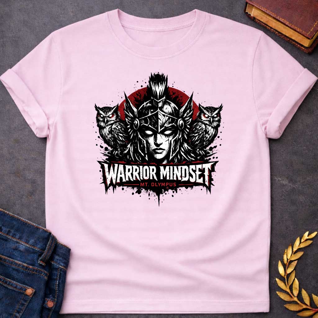 Light Pink T-shirt graphic in a dark, intense ink style featuring a front-facing illustration of Athena in a winged helmet against a deep red circle, flanked by two owls with glowing red eyes. Bold distressed text below reads "Warrior Mindset" with "Mt. Olympus" in red underneath, in a heavy metal-inspired Greek mythology design rendered in black, white, and red