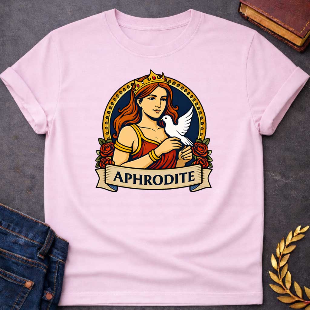 Light Pink T-shirt graphic featuring a vibrant illustrated portrait of Aphrodite, the Greek Goddess of Love, with flowing red hair and a gold crown, wearing a red draped gown with gold bracelets, cradling a white dove in her hands. She is framed within a gold circular border flanked by red roses, with a scroll banner below reading "Aphrodite," in a bold tattoo-inspired style with navy, gold, and red tones