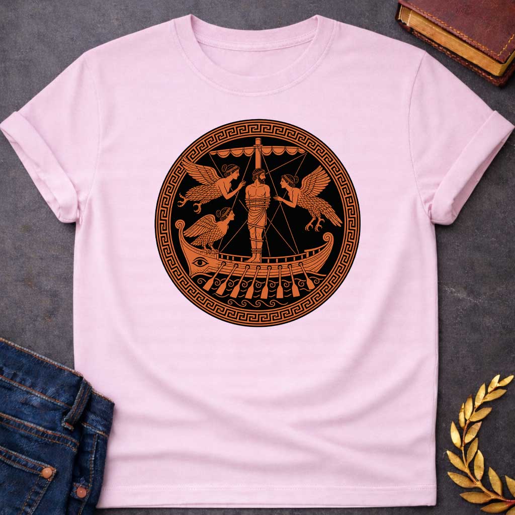 Light Pink T-Shirt with an Ancient Greek red-figure pottery design depicting Odysseus lashed to the mast of his ship as he encounters the Sirens. A bearded man is bound to the central mast, surrounded by three winged Sirens with women's heads and birds' bodies. The ship features an eye on the hull, oars, and decorative scrollwork. Rendered in terracotta orange against black, enclosed in a Greek key border. Represents the Homeric episode where Odysseus hears the Sirens' song without succumbing to their allur