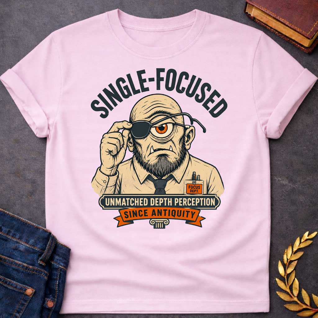 Light Pink T-shirt with a Humorous professional portrait of a bearded cyclops wearing an eye patch over his single orange eye. He sports a tan suit jacket, dark tie, and "Focus Dept." badge. Text reads "Single-Focused" above and "Unmatched Depth Perception Since Antiquity" below. A classical column anchors the design. Cleverly blends Greek mythology with modern workplace culture, celebrating singular focus, professional dedication, and the mythological advantage of single-eyed perception.