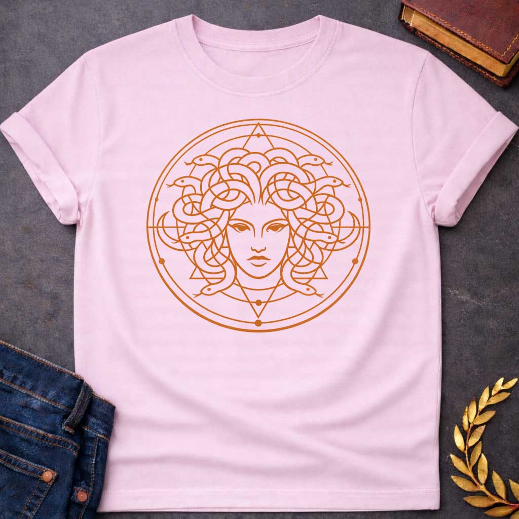 medusa minimalist style greek mythology youth shirt featuring detailed Greek mythology artwork, symbolic design, and bold graphic style