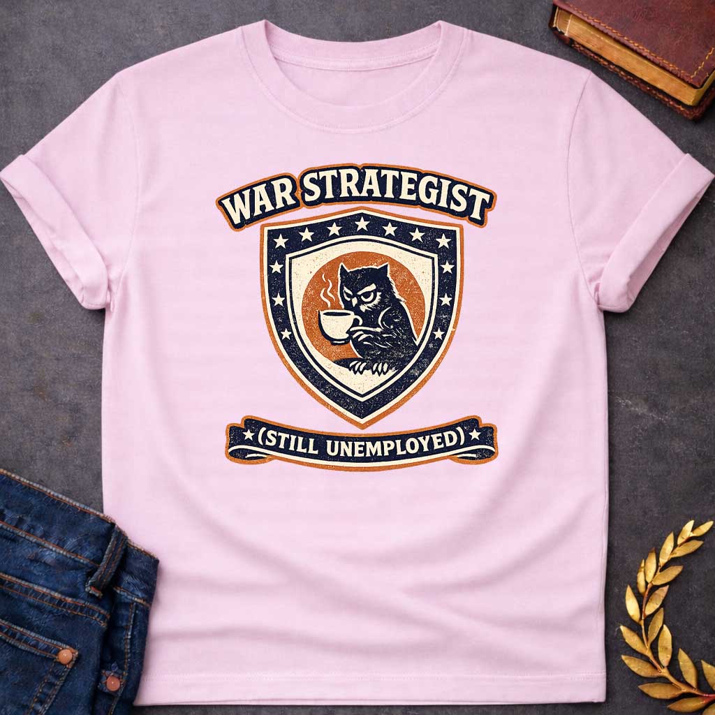 Light Pink T-shirt graphic featuring a vintage varsity-style crest in navy, orange, and cream. A grumpy owl holding a steaming coffee cup is centered on a shield surrounded by stars. An arched banner above reads "War Strategist" and a ribbon banner below reads "(Still Unemployed)," giving the design a humorous tone