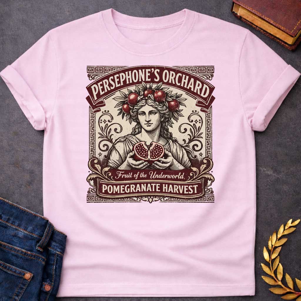 persephone orchard pomegranate harvest greek mythology youth shirt featuring pomegranate, underworld queen symbolism in dark floral mythology design