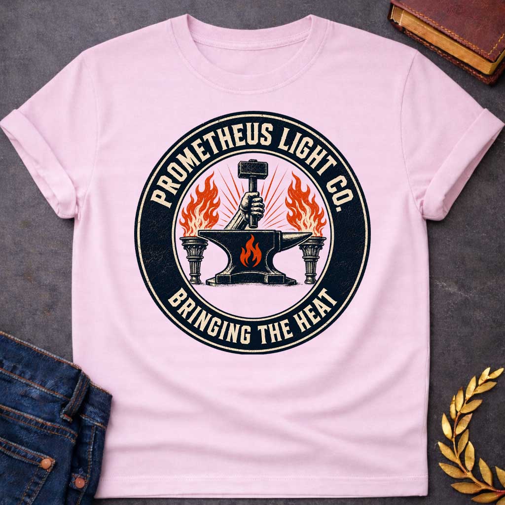 Light Pink T-shirt with a vintage, distressed trade-logo style t-shirt design. The central graphic features a hand holding a blacksmith's hammer above a black anvil marked with an orange flame, flanked by two burning torches. A thick, dark circular frame encloses the scene, with cream-colored block text reading "PROMETHEUS LIGHT CO." arched along the top and the tagline "BRINGING THE HEAT" arched along the bottom