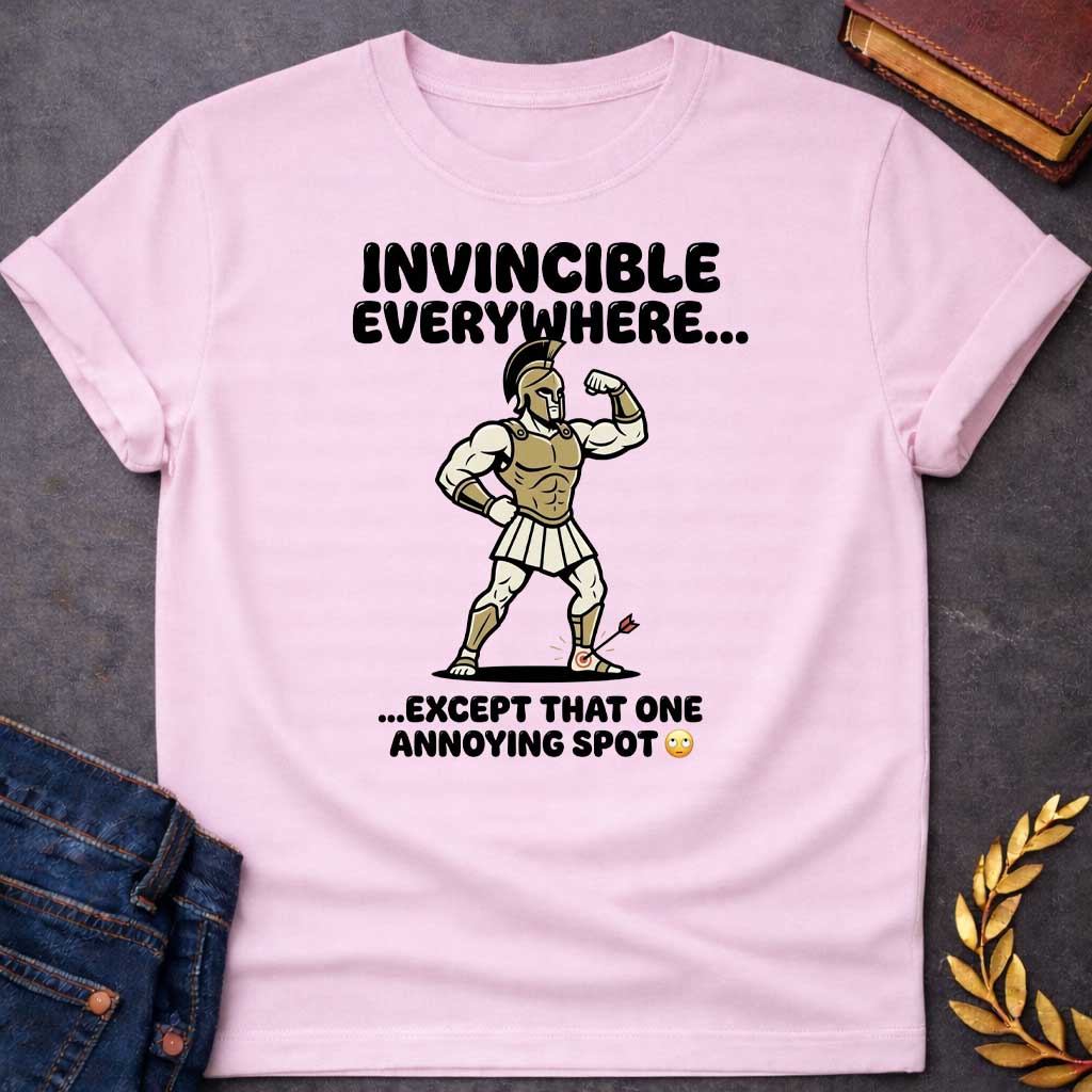 Light Pink T-Shirt with a humorous cartoon of a muscular Greek warrior in a bodybuilder pose, flexing his bicep. Wears gold Corinthian helmet, chest armor, white skirt, and greaves with exaggerated muscles. An arrow with target symbol has struck his heel. Text reads 'INVINCIBLE EVERYWHERE...' above and '...EXCEPT THAT ONE ANNOYING SPOT' with eye-roll emoji below. Comedic reference to Achilles' famous vulnerability—his heel was his only weak point. Cartoon style and modern slang create a lighthearted Greek m