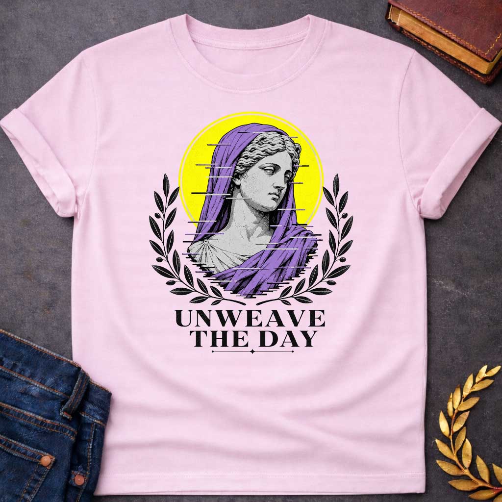 Light Pink T-Shirt with a Modern vaporwave-style design featuring a classical Greek statue bust with digital glitch effect. Gray engraved figure wears purple veil against bright yellow circular background. Horizontal black glitch lines disrupt the image. Flanked by black olive branch wreaths. Bold text reads 'UNWEAVE THE DAY' below. References Penelope's nightly unweaving from The Odyssey, reimagined with contemporary digital aesthetic combining ancient Greek art with modern glitch art style.
