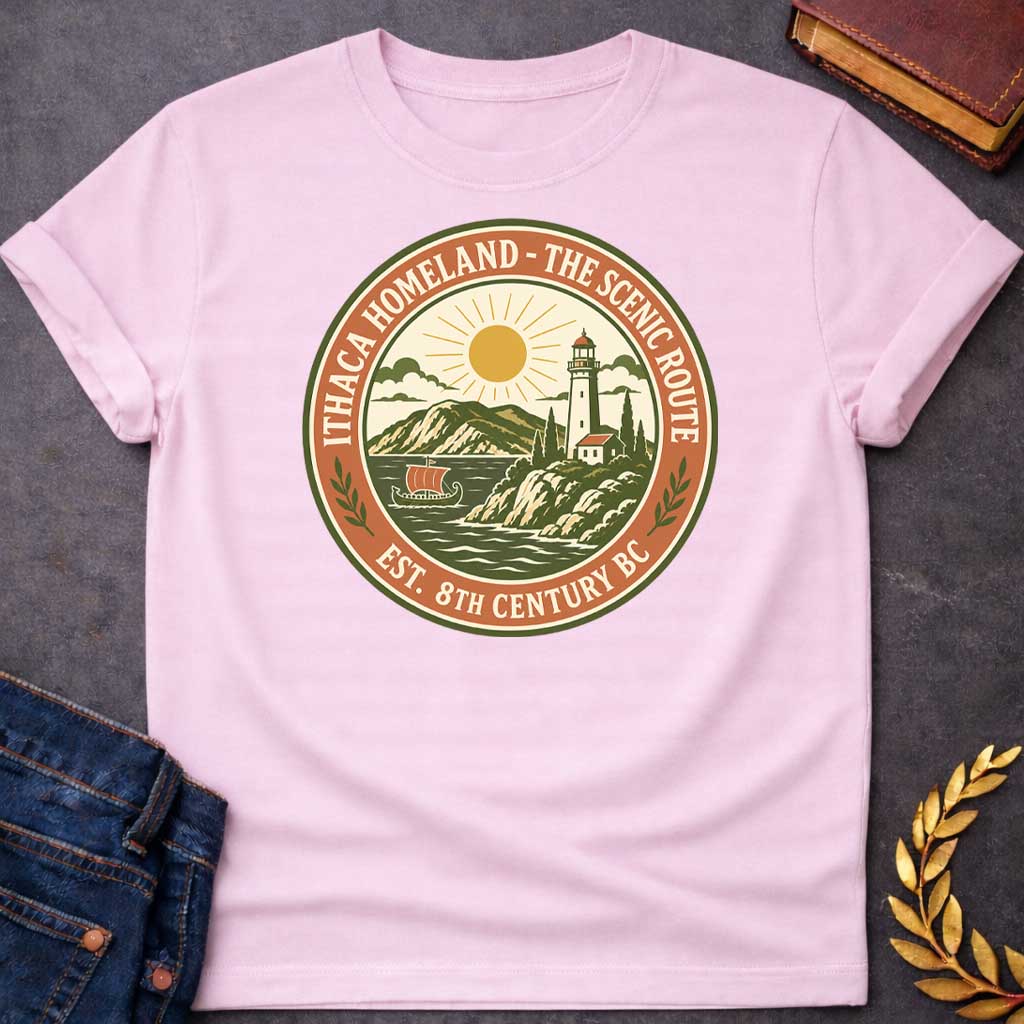 Light Pink T-Shirt with a Circular badge design for Ithaca Homeland - The Scenic Route, established 8th Century BC. The vintage-style emblem features a coastal Mediterranean landscape with a lighthouse, small white building with red roof, cypress trees, and rolling hills in the background. A golden sun with radiating rays shines above the scene, while stylized waves crash in the foreground. A traditional Greek ship with an orange sail floats on the water. The design uses an earthy color palette of olive gre