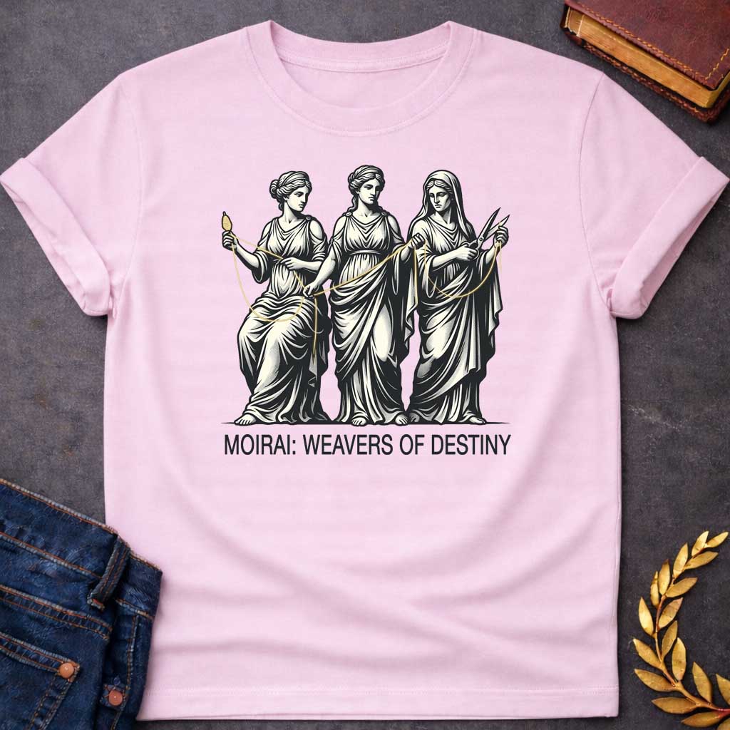 Light Pink T-shirt graphic in cream and gold on black featuring a detailed classical engraving-style illustration of the three Moirai, the Greek Fates, depicted as robed women in draped Grecian gowns — the first seated and spinning a golden thread from a spindle, the middle measuring and guiding the thread, and the third holding scissors ready to cut — with a single golden thread visibly connecting all three figures. Bold white sans-serif text below reads "Moirai: Weavers of Destiny,"