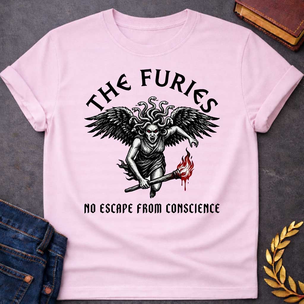 Light Pink T-shirt with a Dramatic illustration of the Furies, the Greek goddesses of vengeance and punishment. A winged female figure with serpents for hair and red glowing eyes holds a flaming torch. Bold black engraving style with red flame accents. Large dark wings extend from her back, and her expression is fierce and angry. Text reads 'THE FURIES' above and 'NO ESCAPE FROM CONSCIENCE' below. References the Erinyes, divine agents of justice pursuing the guilty.
