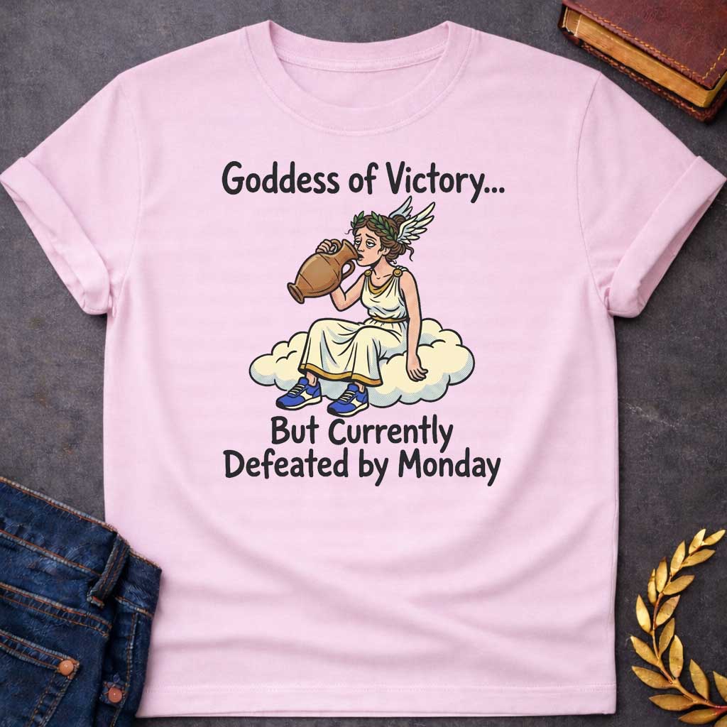Light Pink T-shirt with a humorous cartoon of Nike, the Greek goddess of victory, sitting exhausted on a cloud. She wears a cream chiton with gold trim and laurel wreath, holding a large victory amphora. Modern blue sneakers provide comedic contrast. Text reads 'Goddess of Victory...' above and 'But Currently Defeated by Monday' below. Blends classical Greek mythology with relatable modern humor about Monday exhaustion and weekly workplace struggles.