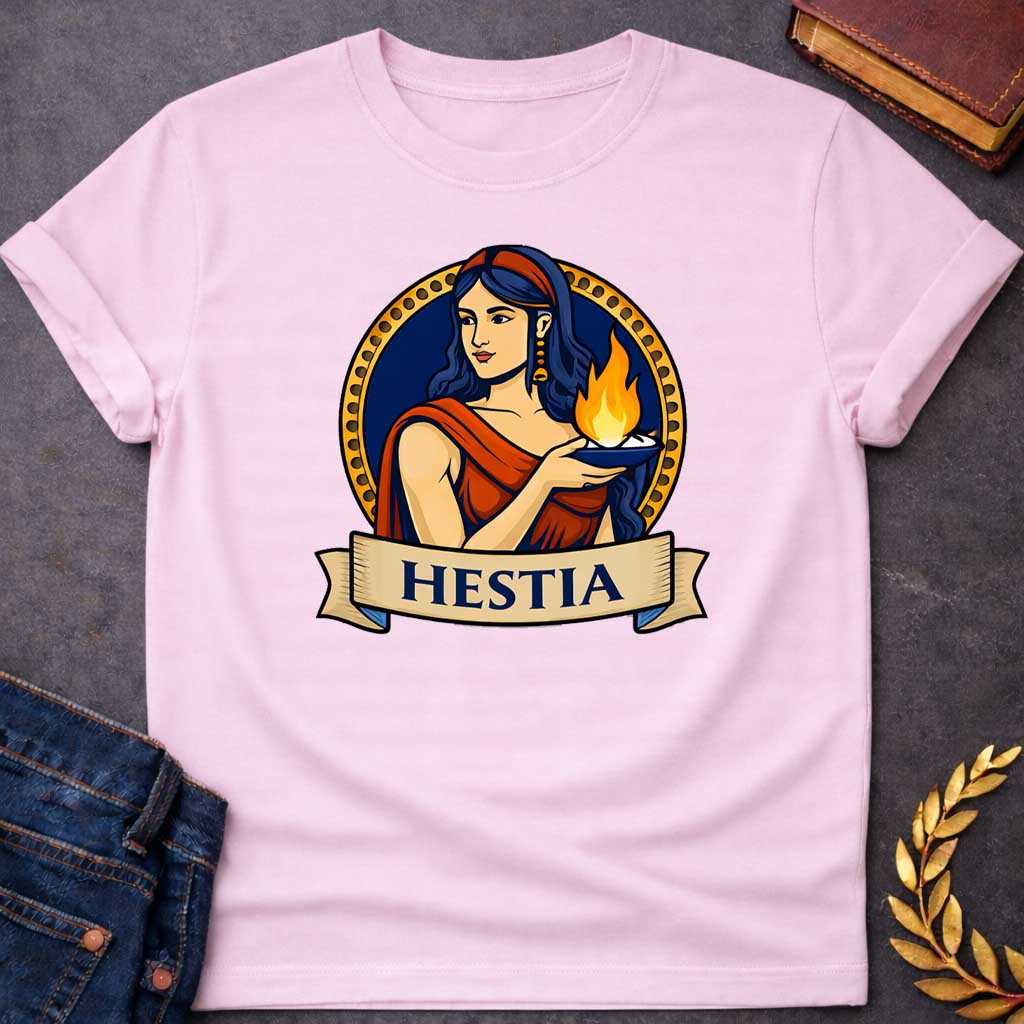 Light Pink T-shirt graphic featuring a vibrant illustrated portrait of Hestia, the Greek Goddess of the Hearth, with long dark blue wavy hair and a red headband, wearing gold drop earrings and a red draped robe, gently cradling a blue oil lamp with a glowing flame in her outstretched hands. She is framed within a gold circular border against a navy background, with a scroll banner below reading "Hestia," in a bold tattoo-inspired style with navy, gold, and red tones