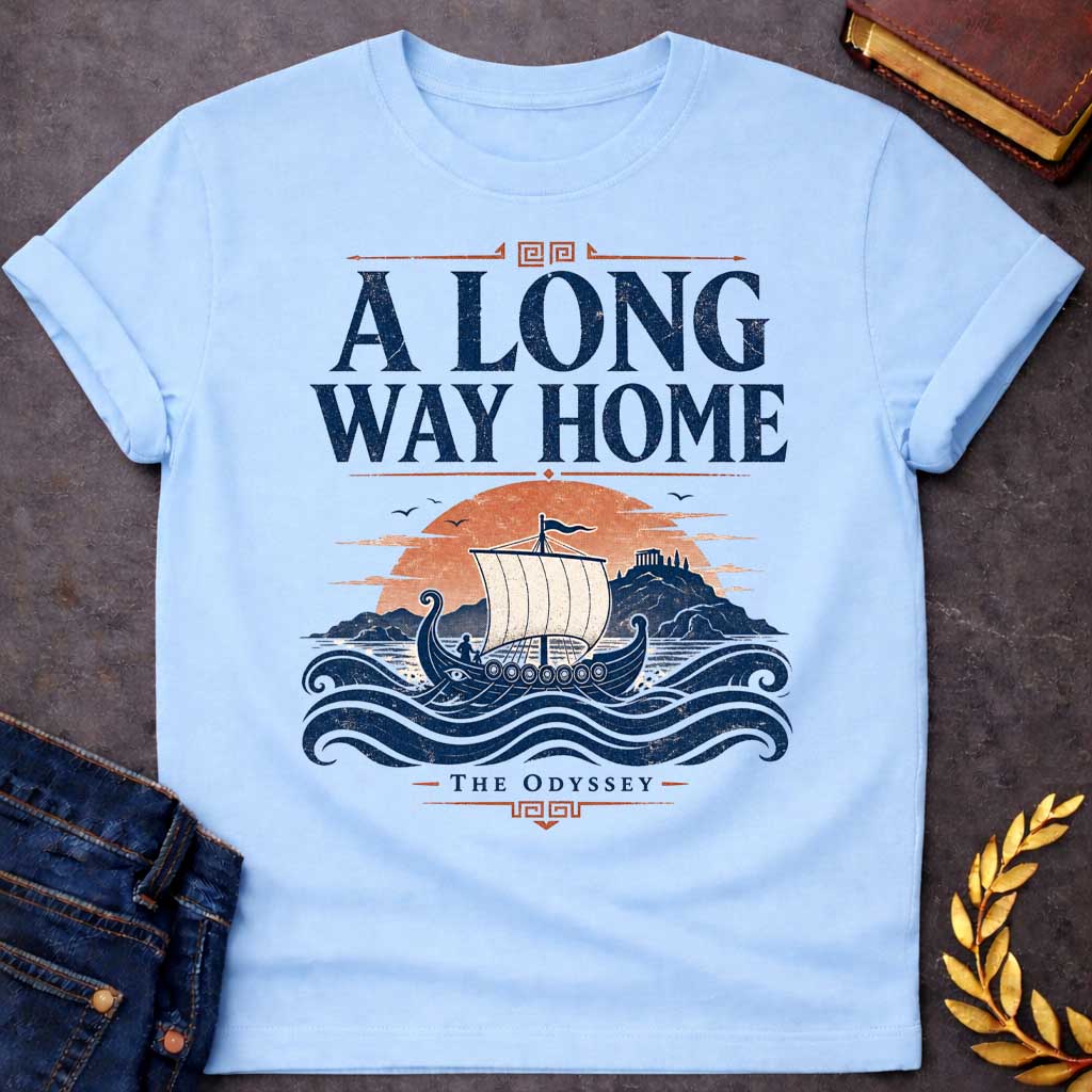 Light Blue t-shirt with a Vintage Greek mythology design inspired by The Odyssey, featuring an ancient Greek sailing ship crossing rolling blue waves toward a distant island and temple beneath a warm sunset. Bold distressed text reads "A Long Way Home" with "The Odyssey" below, capturing Odysseus' legendary journey back to Ithaca..

