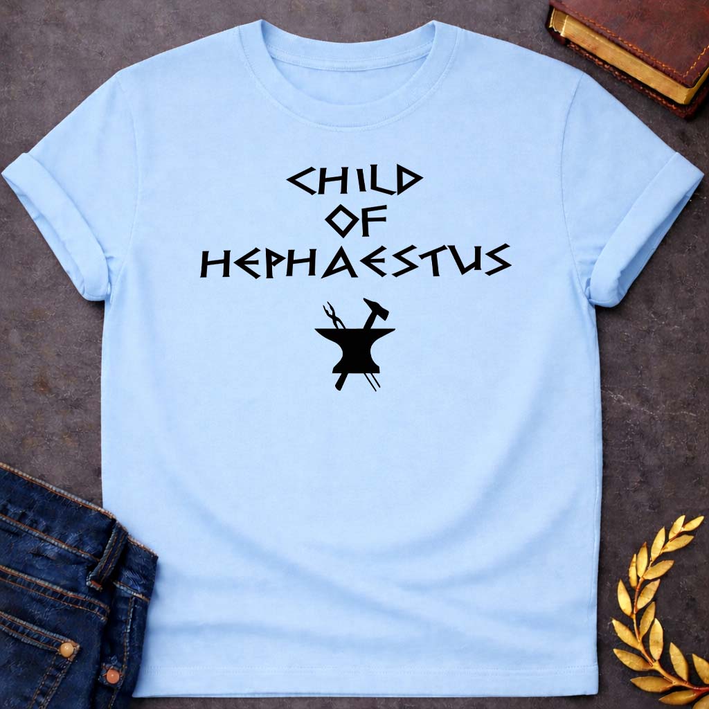 child of hephaestus greek mythology unisex youth heavy cotton™ tee featuring blacksmith hammer, forge sparks, fire god symbolism in industrial mythology design