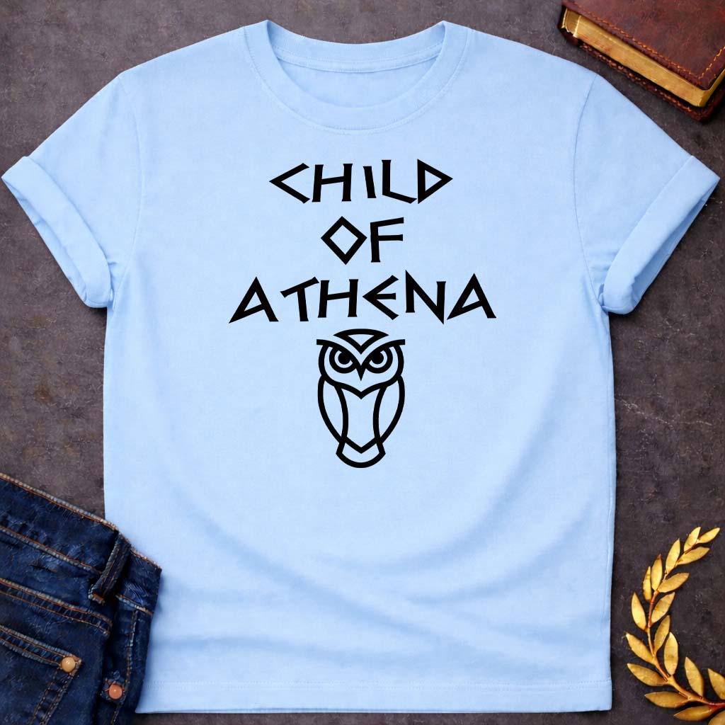 child of athena greek mythology unisex youth heavy cotton™ tee featuring owl, laurel wreath, wisdom symbolism in vintage Greek mythology design