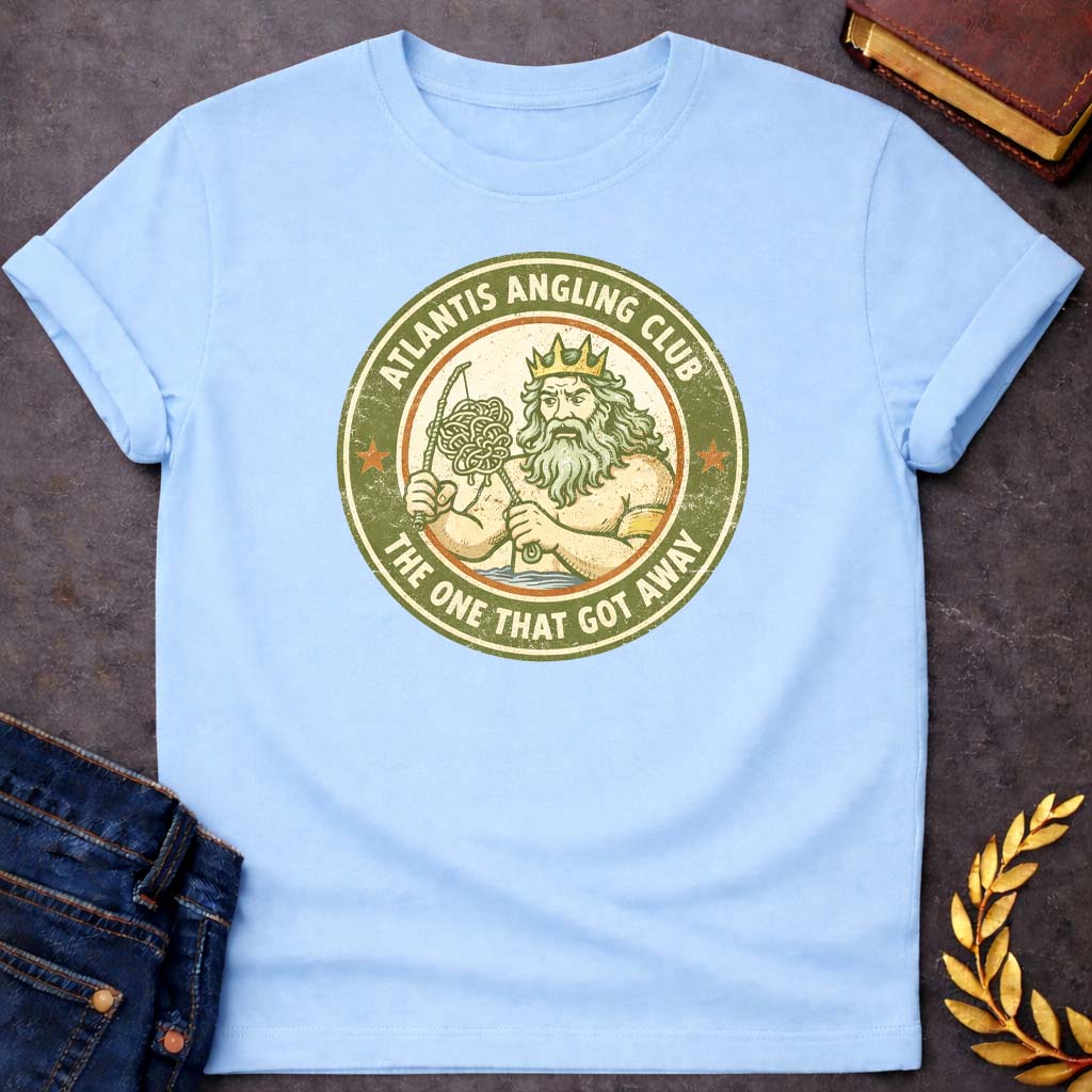 poseidon atlantis angling club greek mythology youth t shirt featuring trident, ocean waves, sea god symbolism in Greek mythology design