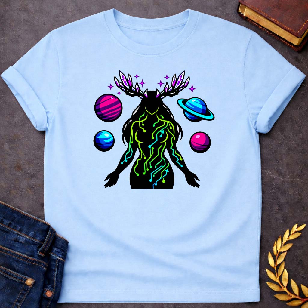 gaia earth goddess greek mythology neon style youth shirt featuring detailed Greek mythology artwork, symbolic design, and bold graphic style