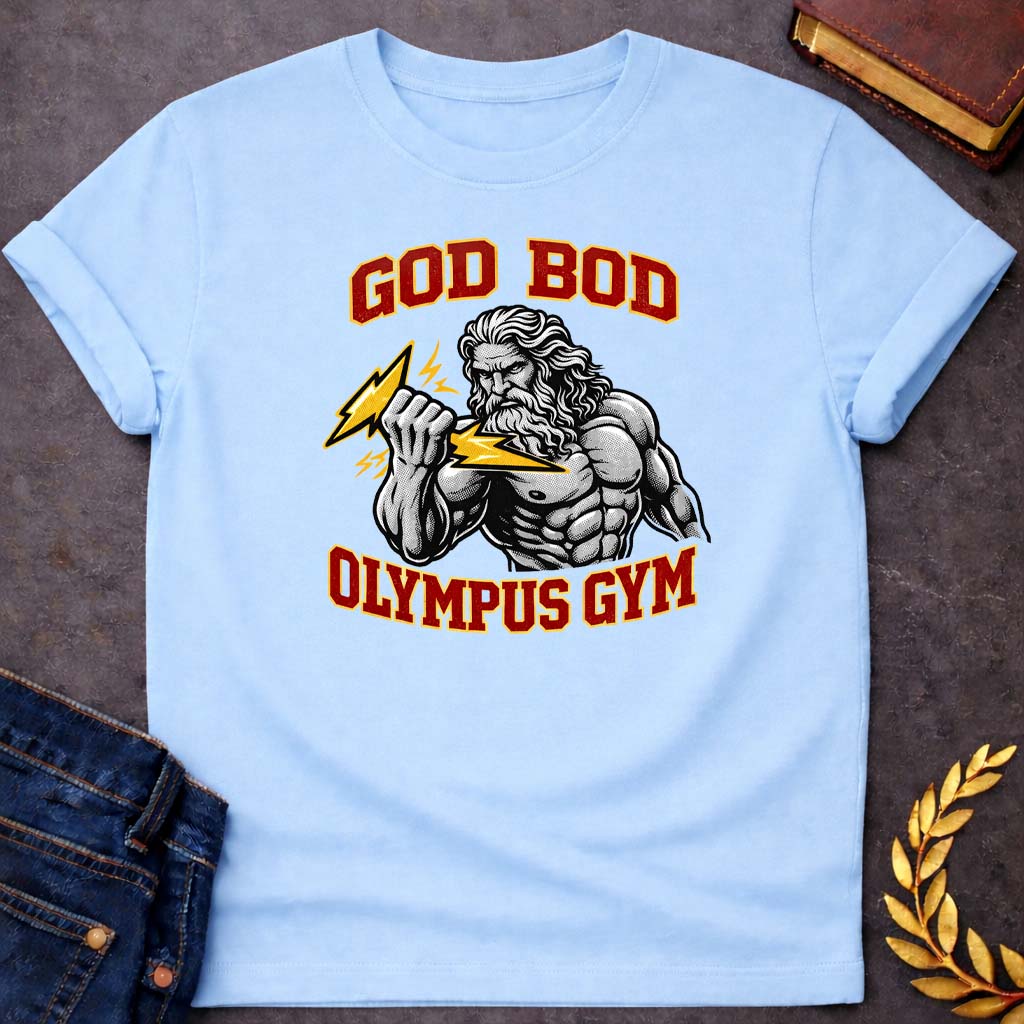 zeus god bod olympus gym greek mythology youth t shirt featuring lightning bolt, sky god power symbolism in bold Greek mythology design
