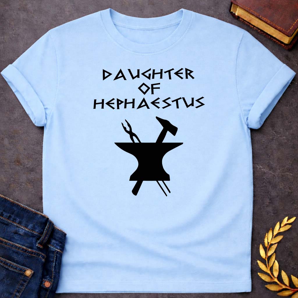 daughter of hephaestus greek mythology unisex youth heavy cotton™ tee featuring blacksmith hammer, forge sparks, fire god symbolism in industrial mythology design