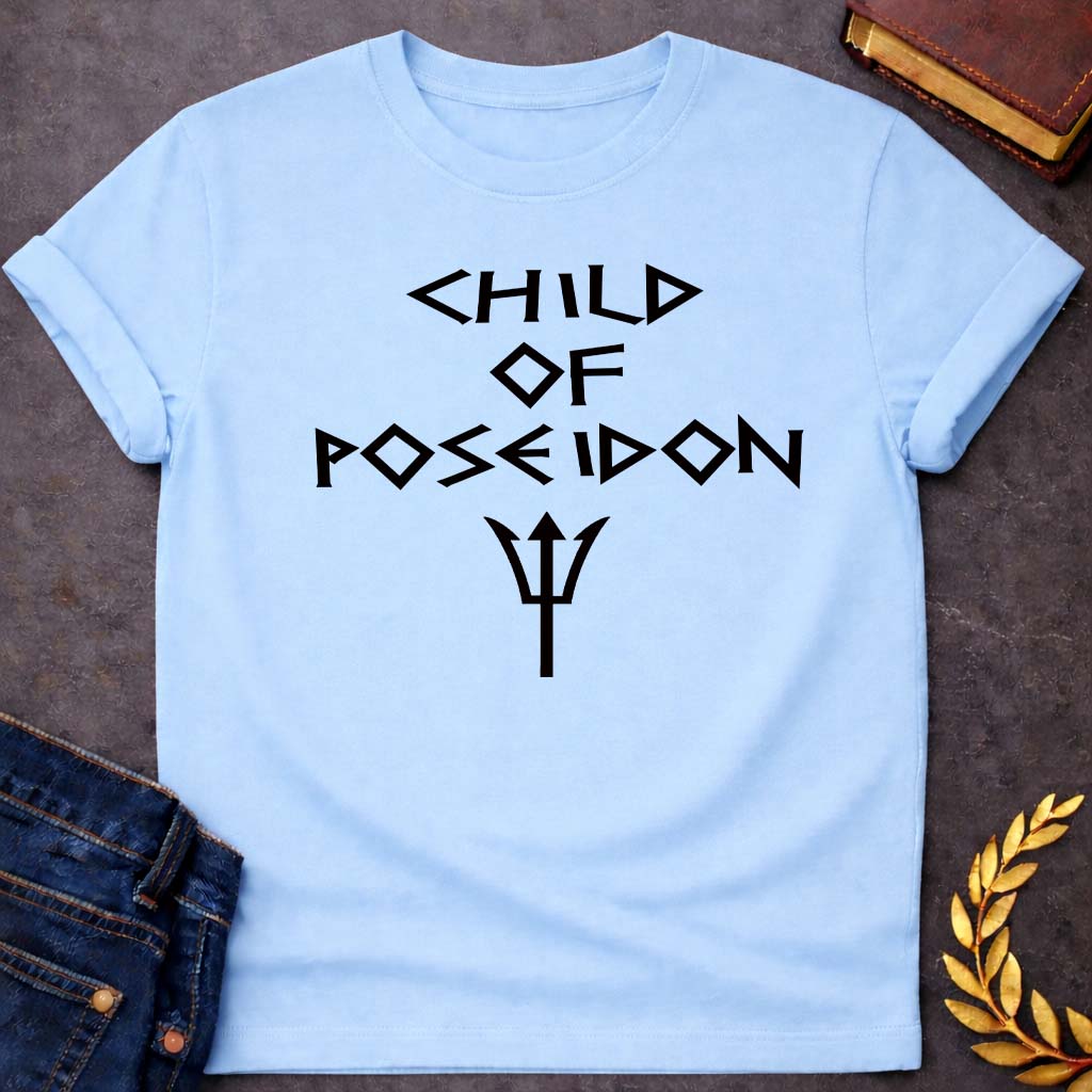 child of poseidon greek mythology unisex youth heavy cotton™ tee featuring trident, ocean waves, sea god symbolism in Greek mythology design