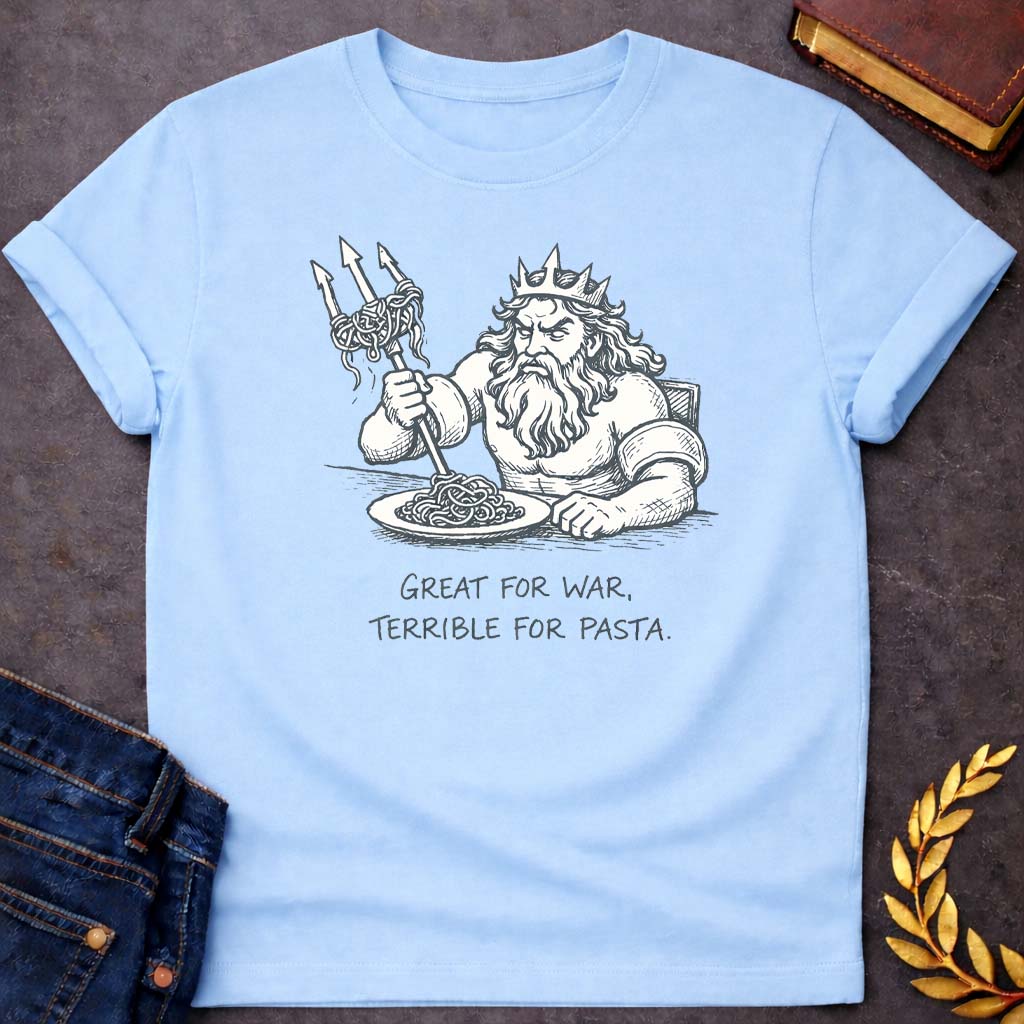 poseidon great for war terrible for pasta club greek mythology youth t shirt featuring trident, ocean waves, sea god symbolism in Greek mythology design