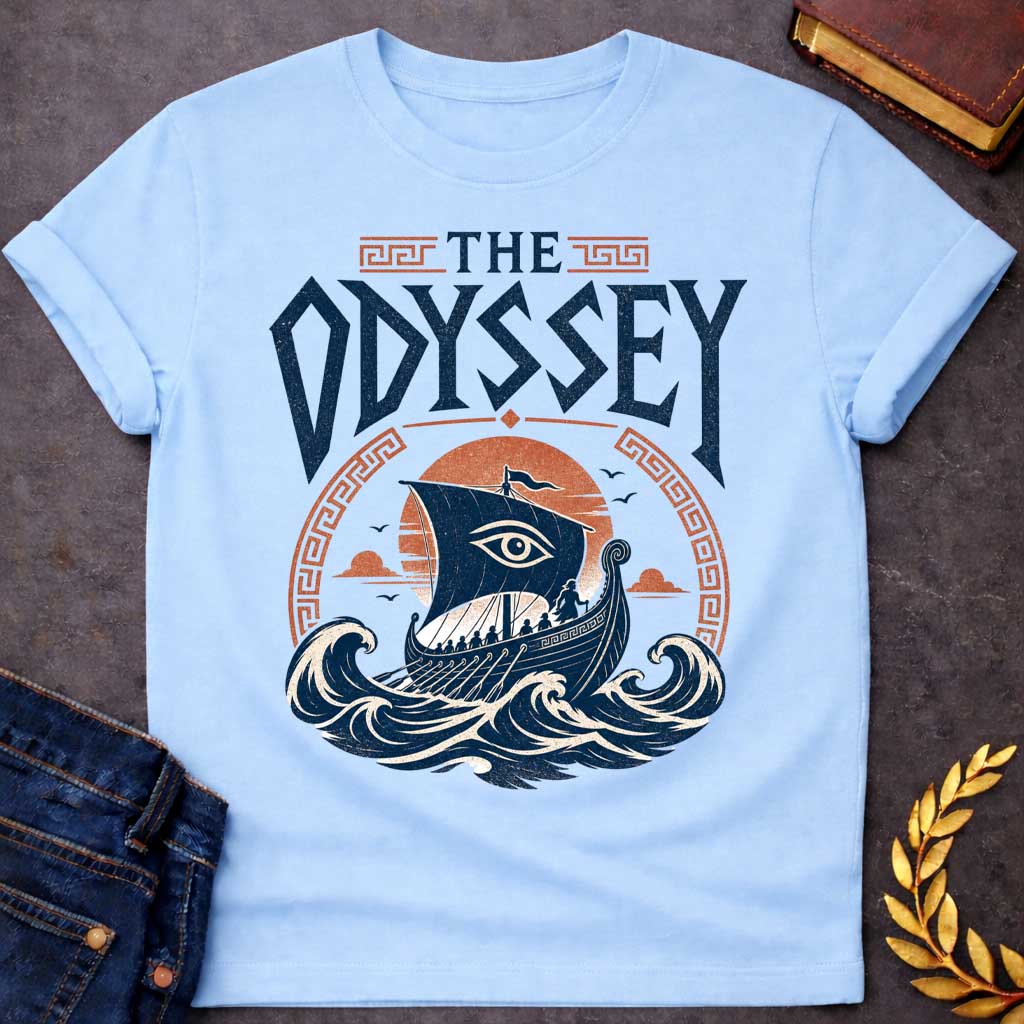 Light Blue t-shirt with a Vintage Greek mythology design inspired by The Odyssey, featuring Odysseus and his crew sailing an ancient Greek ship across powerful ocean waves. A watchful eye decorates the sail, framed by a setting sun and Greek key motifs. Bold distressed lettering reads "The Odyssey," capturing the legendary voyage, adventure, and trials of Odysseus.