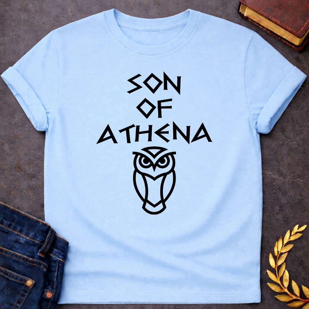 son of athena greek mythology unisex youth heavy cotton™ tee featuring owl, laurel wreath, wisdom symbolism in vintage Greek mythology design