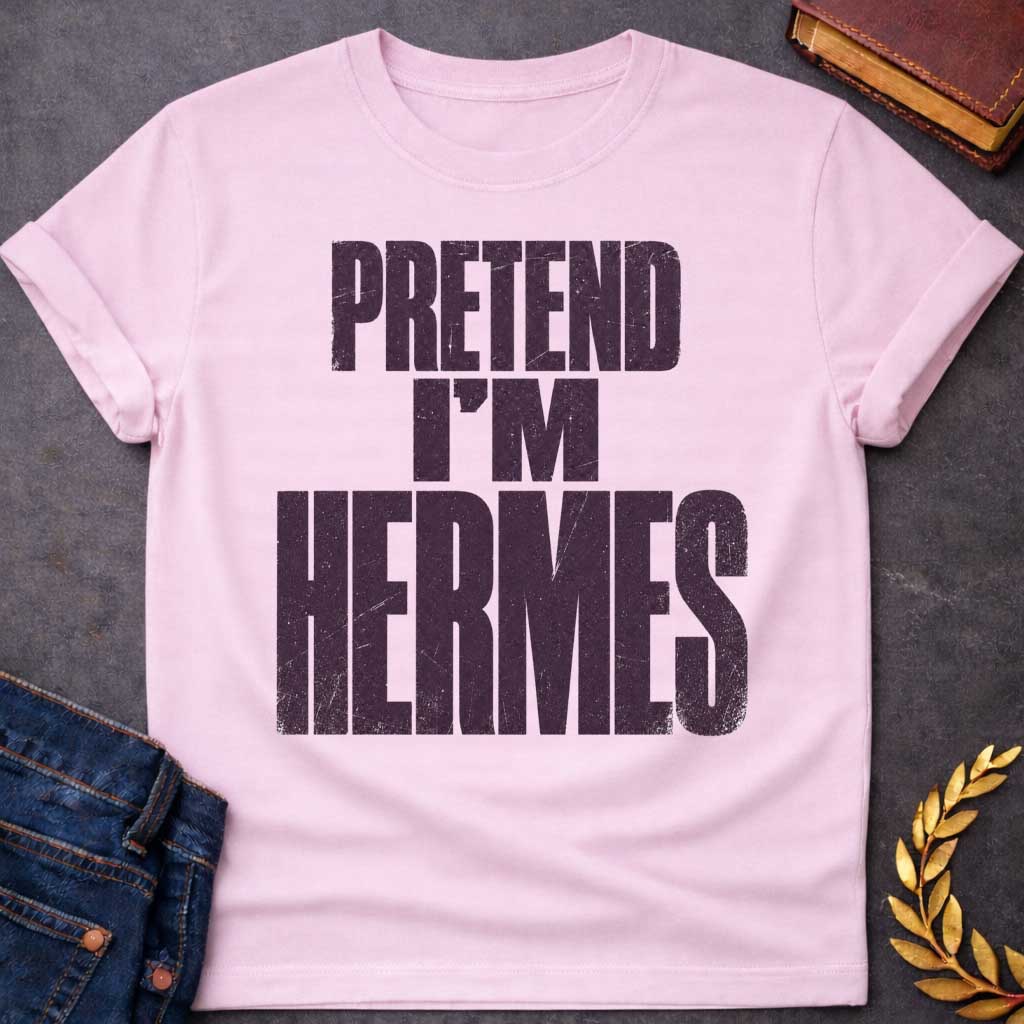 Light Pink t-shirt with a Pretend I’m Hermes Greek mythology  design featuring bold distressed dark purple typography on a transparent background. The stacked text reads “PRETEND I’M HERMES” in a rugged vintage block font, creating a humorous design inspired by Hermes, the Greek god of travel, messengers, trade, and trickery.