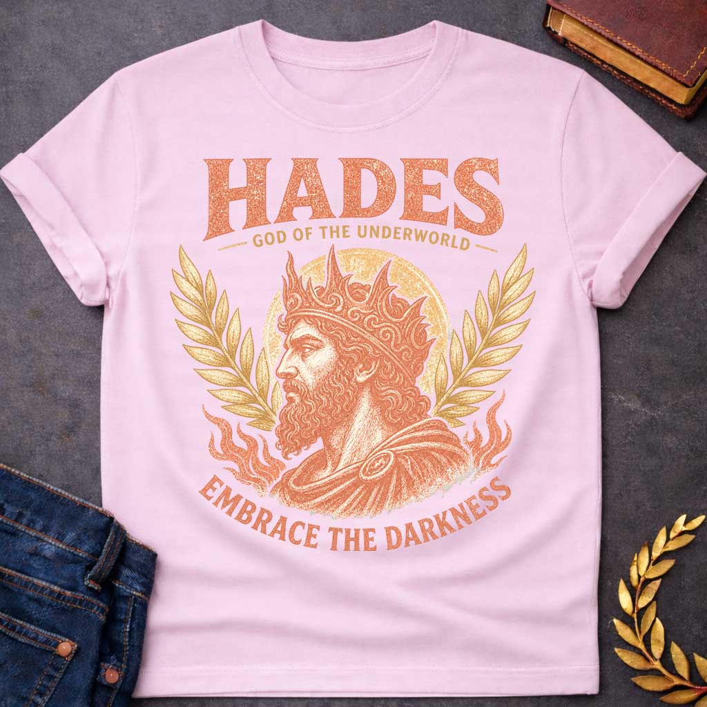 Light Pink t-shirt with a Vintage Greek mythology shirt featuring Hades, God of the Underworld, portrayed as a bearded king wearing an ornate crown. Distressed coral and gold artwork includes laurel branches, a glowing circular backdrop, underworld flames, and the bold text “Hades God of the Underworld” and “Embrace the Darkness.”