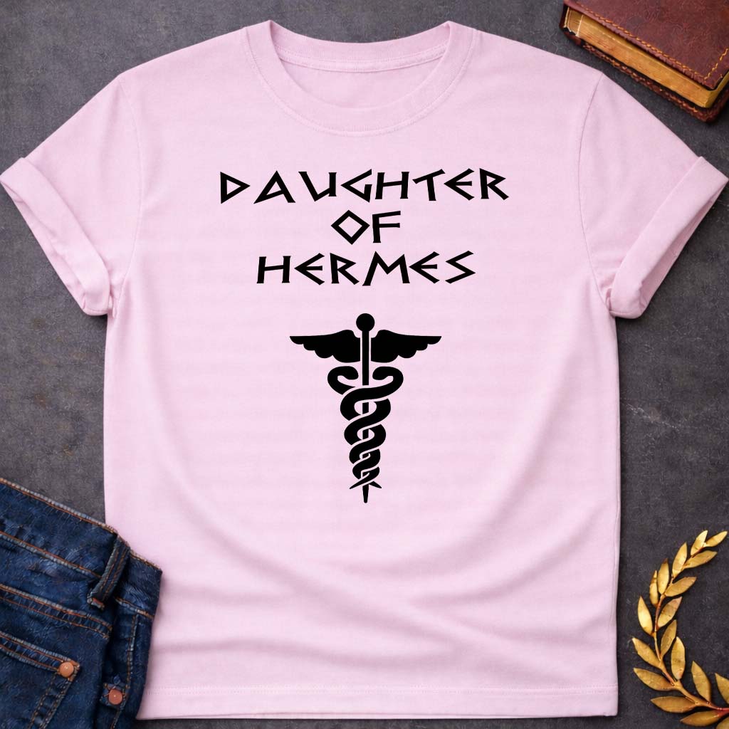 daughter of hermes unisex softstyle adult t shirt featuring detailed Greek mythology artwork, symbolic design, and bold graphic style