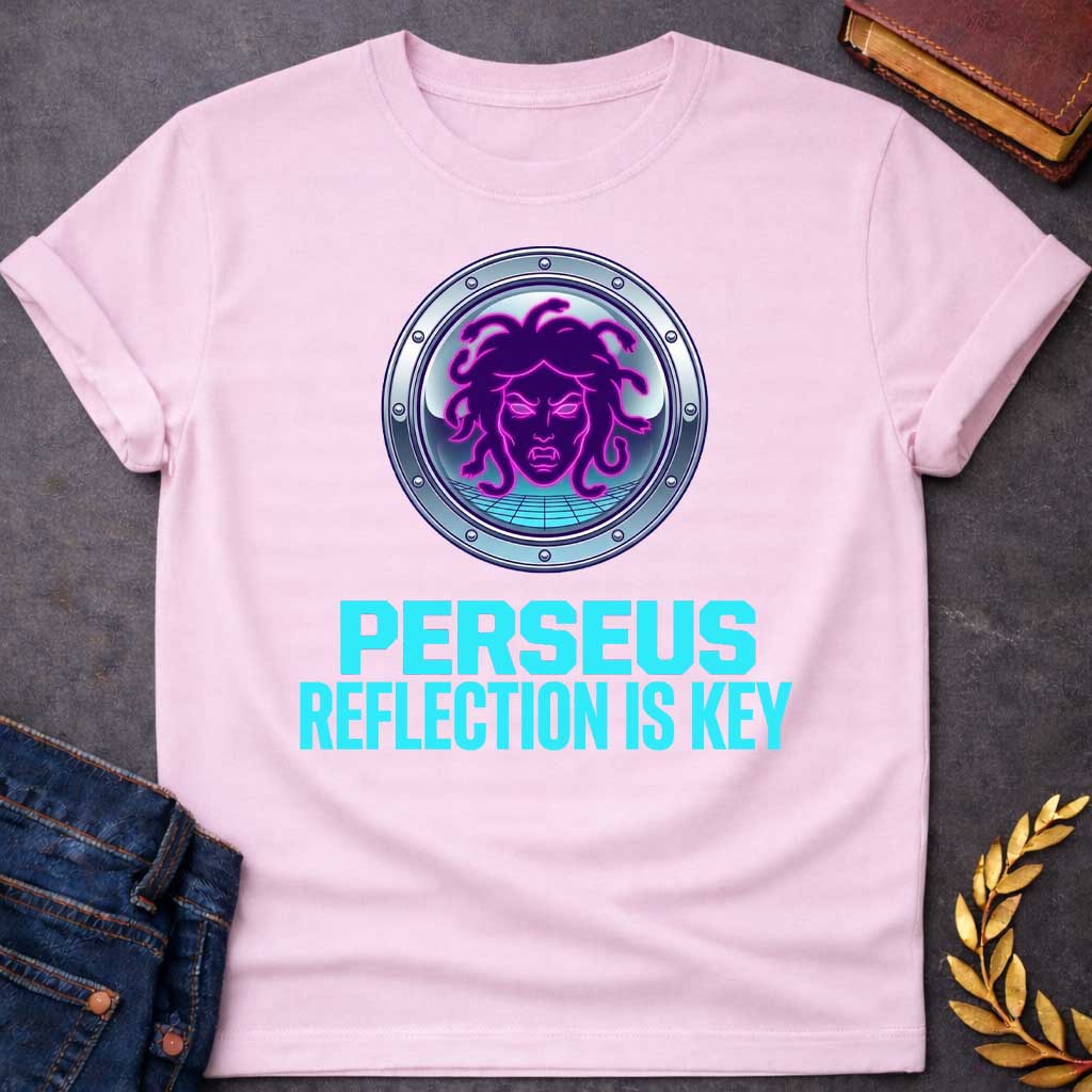 Light Pink t-shirt in synthwave style: a glowing neon-pink and purple Medusa face with snake hair sits inside a chrome porthole frame with rivets, backed by a retro grid floor and gradient sky. Bold cyan text below reads "Perseus" and "Reflection Is Key"