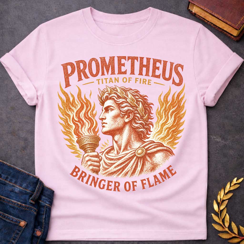 Light Pink t-shirt with a Vintage Prometheus Greek mythology design featuring the Titan of fire holding a flaming torch, framed by dramatic flames and a laurel crown. Distressed terracotta and gold artwork includes the bold text “Prometheus,” “Titan of Fire,” and “Bringer of Flame,” celebrating the legendary figure who brought fire to humanity.