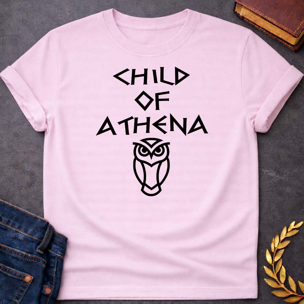 child of athena greek mythology unisex softstyle adult t shirt featuring owl, laurel wreath, wisdom symbolism in vintage Greek mythology design
