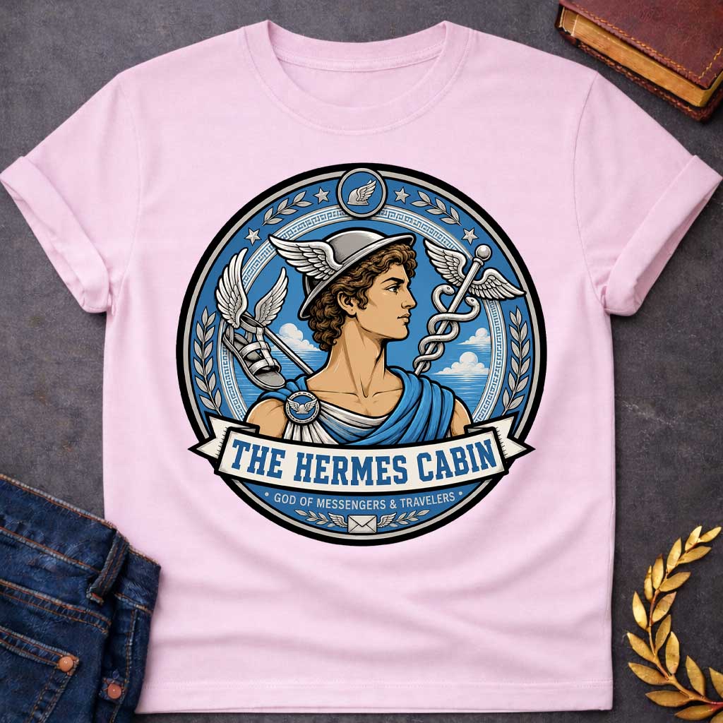 Light Pink t-shirt with a Hermes Greek mythology cabin design featuring the messenger god wearing his iconic winged helmet, surrounded by winged sandals, a caduceus, laurel branches, stars, and clouds. Blue, silver, and cream circular emblem includes the text “The Hermes Cabin” and “God of Messengers & Travelers,”