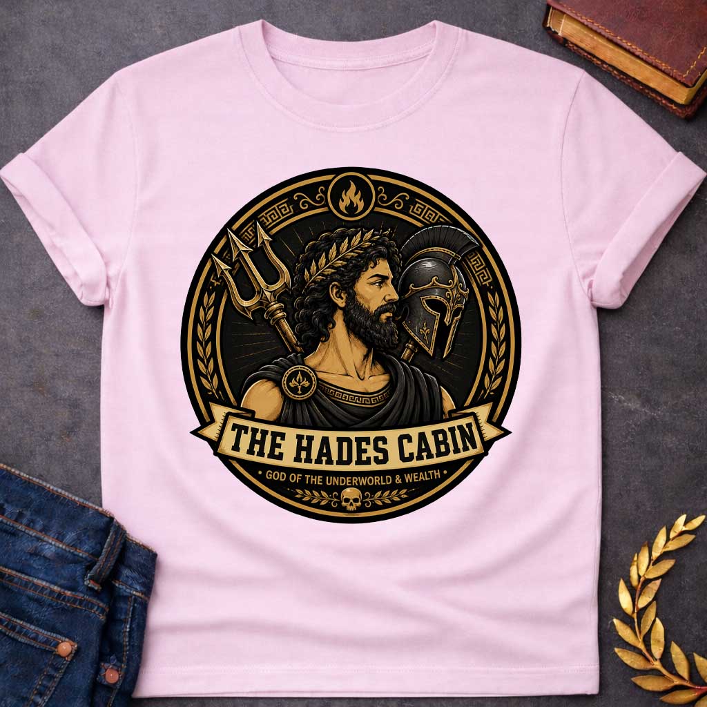Light Pink t-shirt with a Hades Greek mythology cabin design featuring the bearded god of the Underworld wearing a laurel crown, surrounded by a golden bident, warrior helmet, flames, Greek key patterns, and a skull. Black and gold circular emblem includes the text “The Hades Cabin” and “God of the Underworld & Wealth,”