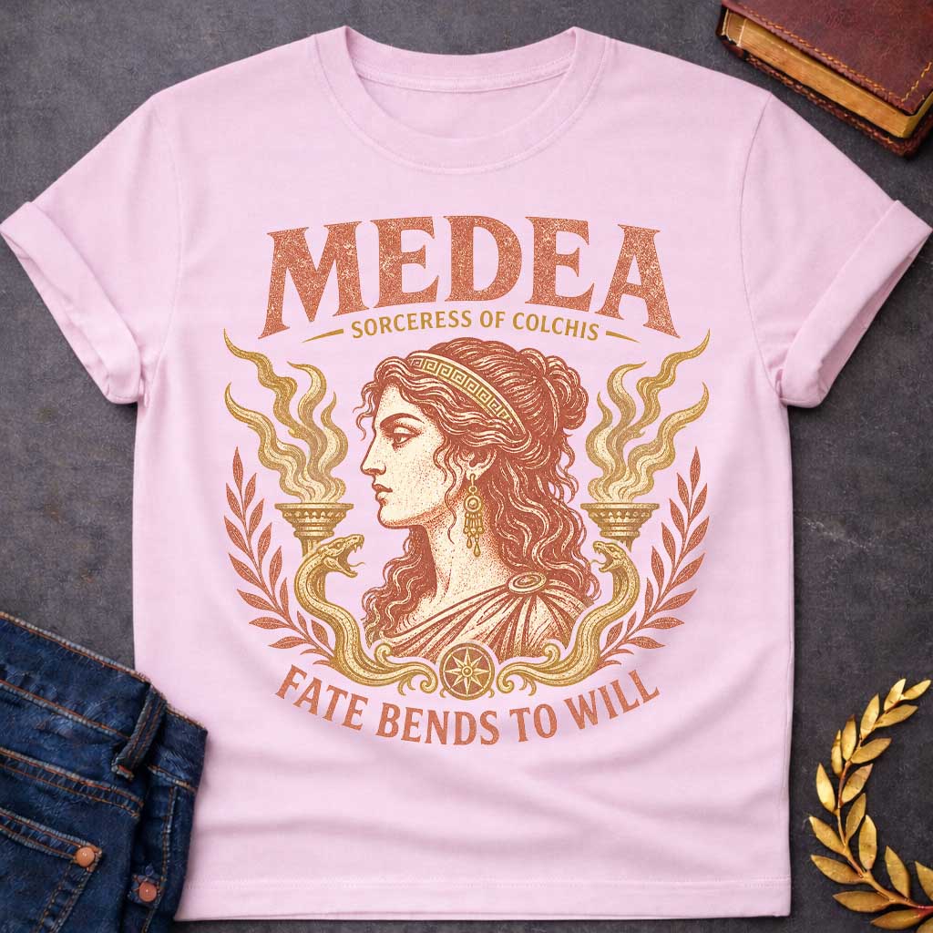Light Pink t-shirt with a Vintage Medea Greek mythology design featuring the Sorceress of Colchis in an elegant classical portrait, framed by mystical flames, serpents, and laurel branches. Distressed terracotta and gold artwork includes bold text reading “Medea,” “Sorceress of Colchis,” and “Fate Bends to Will,” creating a dramatic ancient Greek aesthetic.