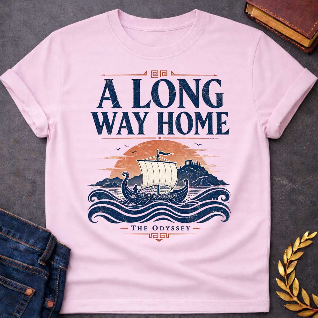 Light Pink t-shirt with a Vintage Greek mythology design inspired by The Odyssey, featuring an ancient Greek sailing ship crossing rolling blue waves toward a distant island and temple beneath a warm sunset. Bold distressed text reads "A Long Way Home" with "The Odyssey" below, capturing Odysseus' legendary journey back to Ithaca..
