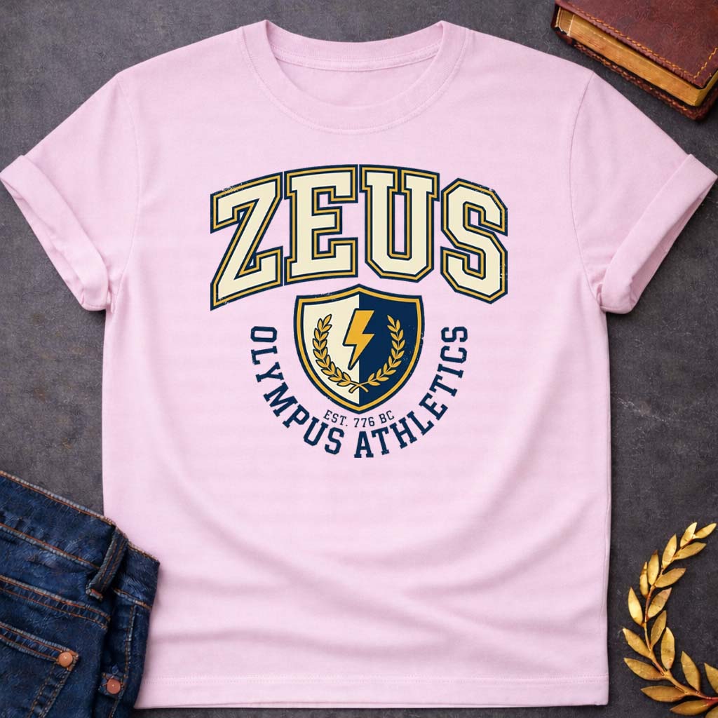 zeus olympus athletics greek mythology youth t shirt featuring lightning bolt, sky god power symbolism in bold Greek mythology design