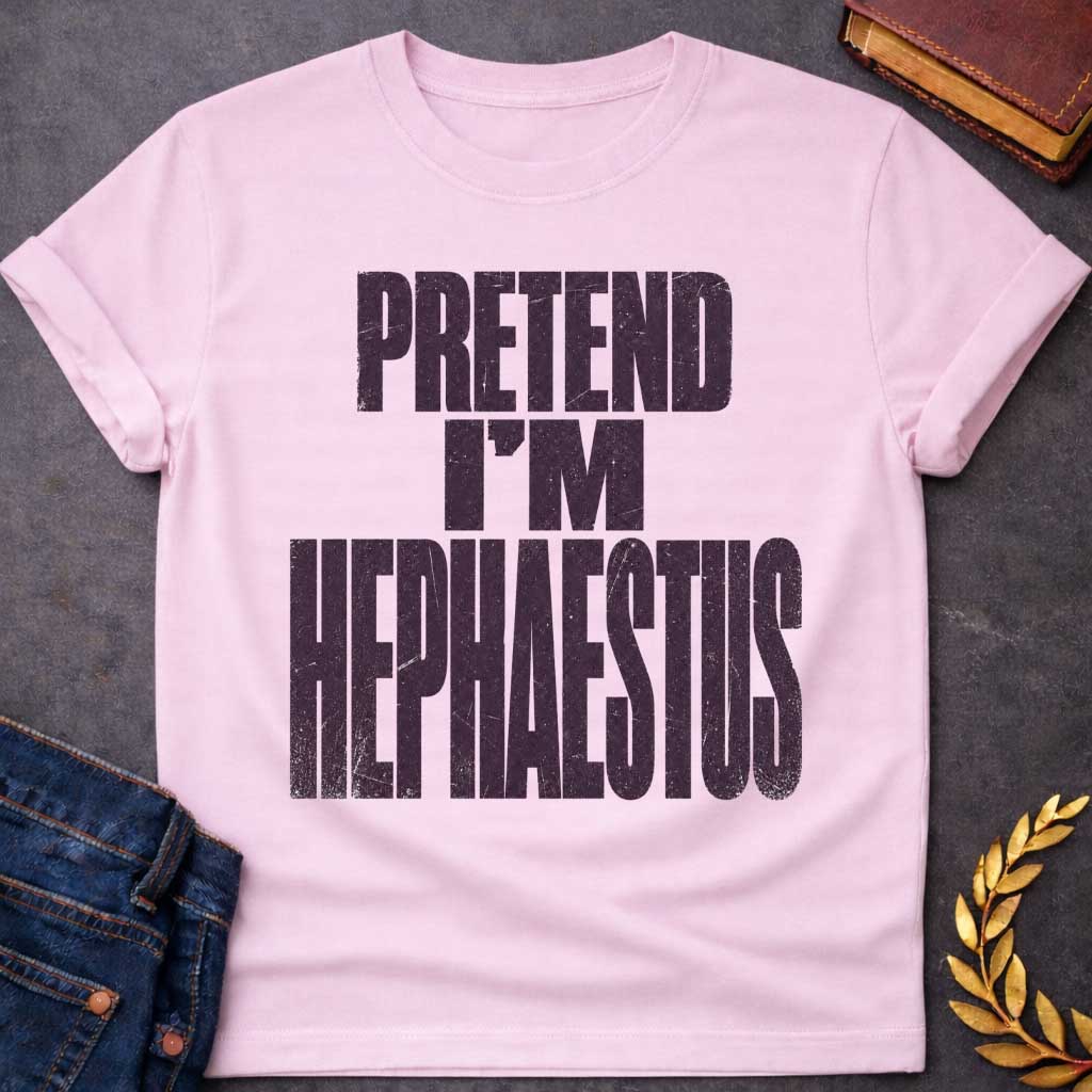 Light Pink t-shirt with a Pretend I’m Hephaestus Greek mythology design featuring bold distressed dark purple typography on a transparent background. The stacked text reads “PRETEND I’M HEPHAESTUS” in a rugged vintage block font, creating a humorous design inspired by Hephaestus, the Greek god of fire, metalworking, blacksmiths, craftsmanship, and the forge.